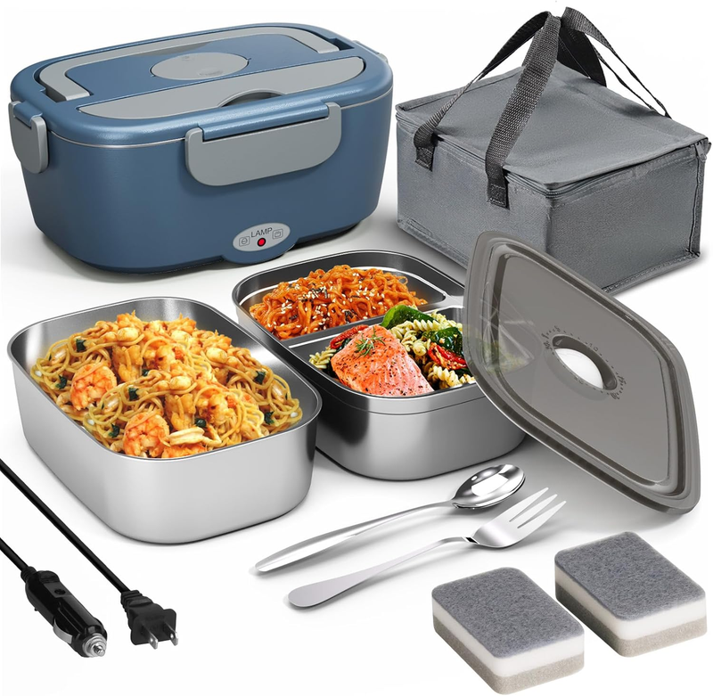 Electric Lunch Box Fast Heating Portable Food Warmer 2x53oz Stainless Steel0