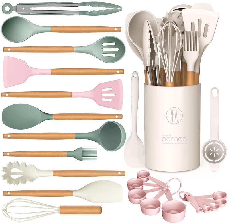 Silicone Kitchen Utensil Set Wooden Handle Holder Heat Resistant Multicolor7