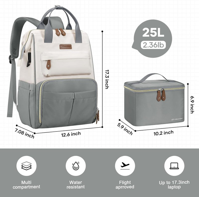 Travel Laptop Backpack 15.6 17.3" Nurse Work Bag w/ Lunch Box Gray Beige1