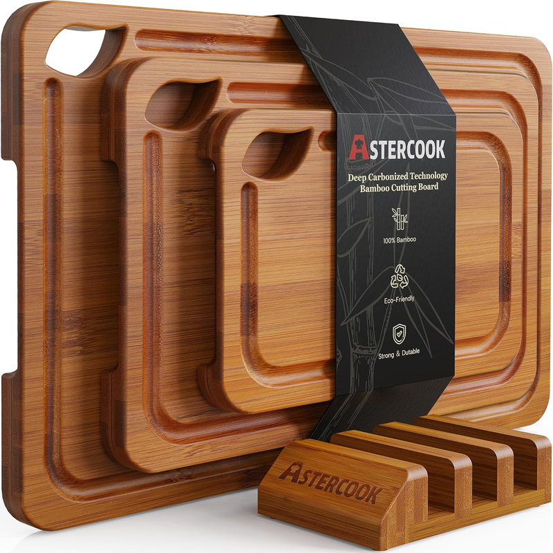 Bamboo Cutting Boards Set with Stand Reversible Juice Groove Handles9