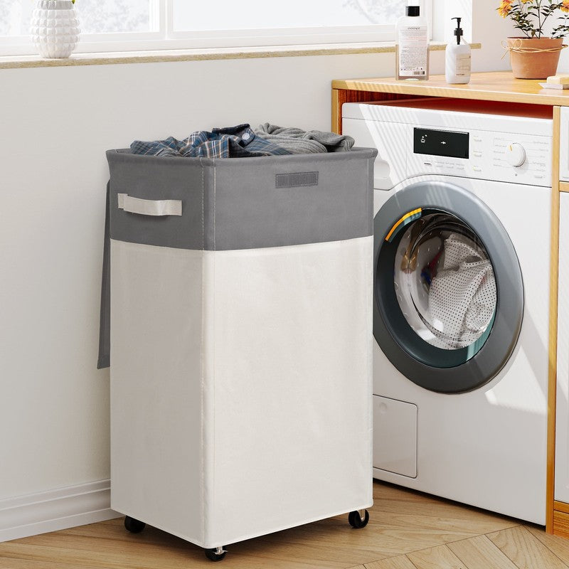 90L Rolling Laundry Hamper w/ Lid & Wheels, Collapsible Basket – Beige, 27.6"5