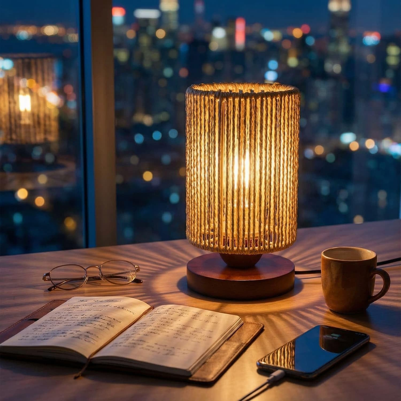 Small Rattan Table Lamp Boho Bedside Night Light Wood Base LED 8.6in9