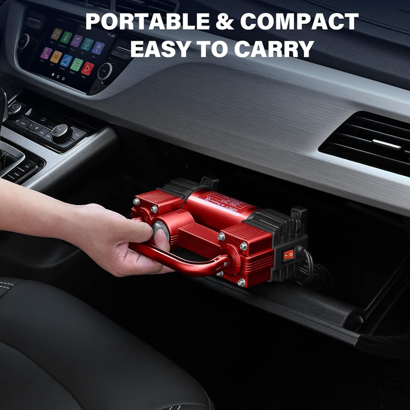 Red Tire Inflator Heavy Duty Double Cylinders, Portable Metal DC 12V Air Compres7