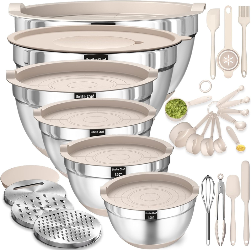 26PCS Stainless Steel Mixing Bowls Set with Airtight Lids & Grater Attachments10