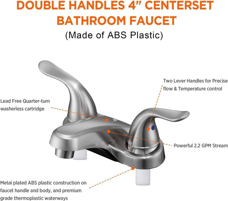 2 Pack Brushed Nickel Bathroom Sink Faucet 4" Dual Handle w/ Drain Hoses1