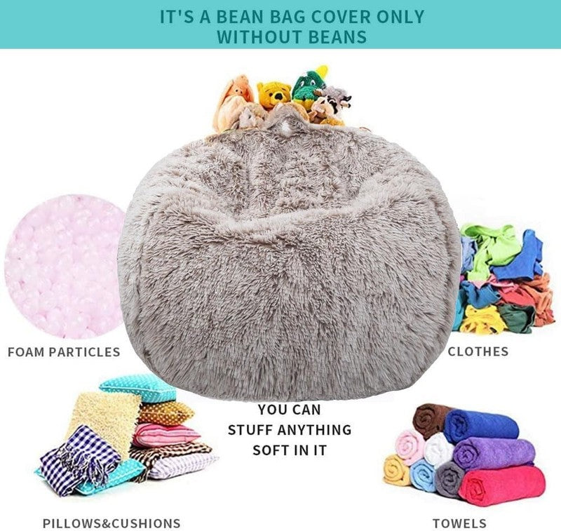 Fluffy Stuffed Animal Storage Bean Bag Cover Faux Fur Heather Camel2