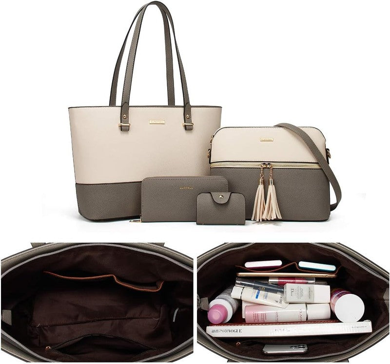 Women Fashion Synthetic Leather Handbag Set 4PCS Tote Shoulder Satchel Purse4