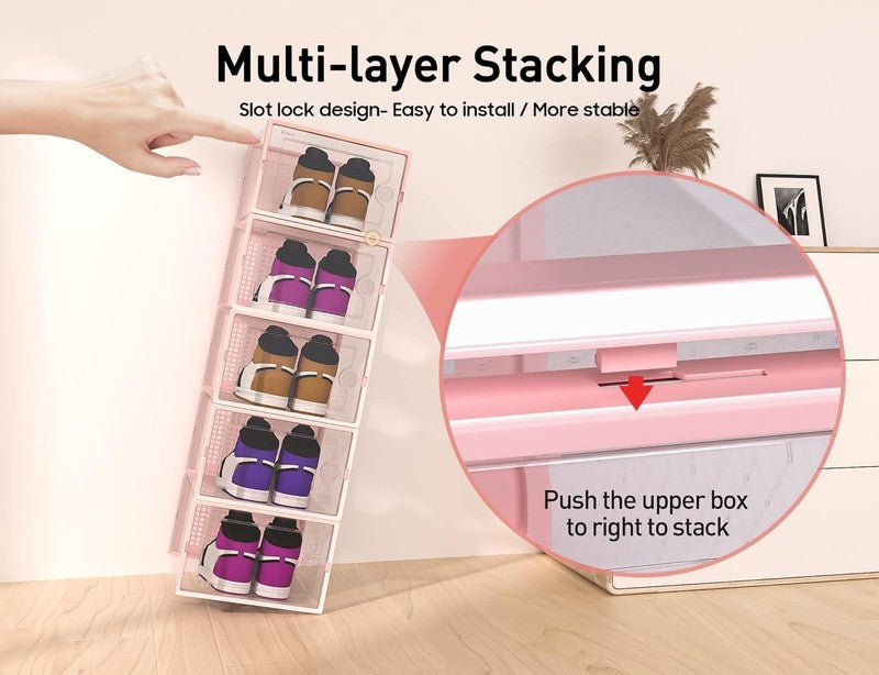 12 Pack X Large Clear Shoe Storage Boxes, Stackable Organizer Bins, Pink2