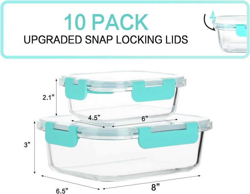 10 Pack Glass Meal Prep Containers Airtight Snap Lock Lids Green1