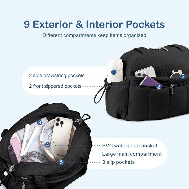 Travel Duffel Bag Women Puffer Gym Weekender Wet Pocket Carry On Black5