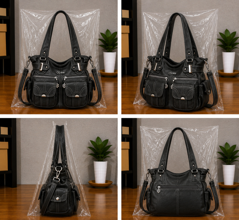 Women's Large PU Leather Hobo Tote Multi Pocket Shoulder Bag0