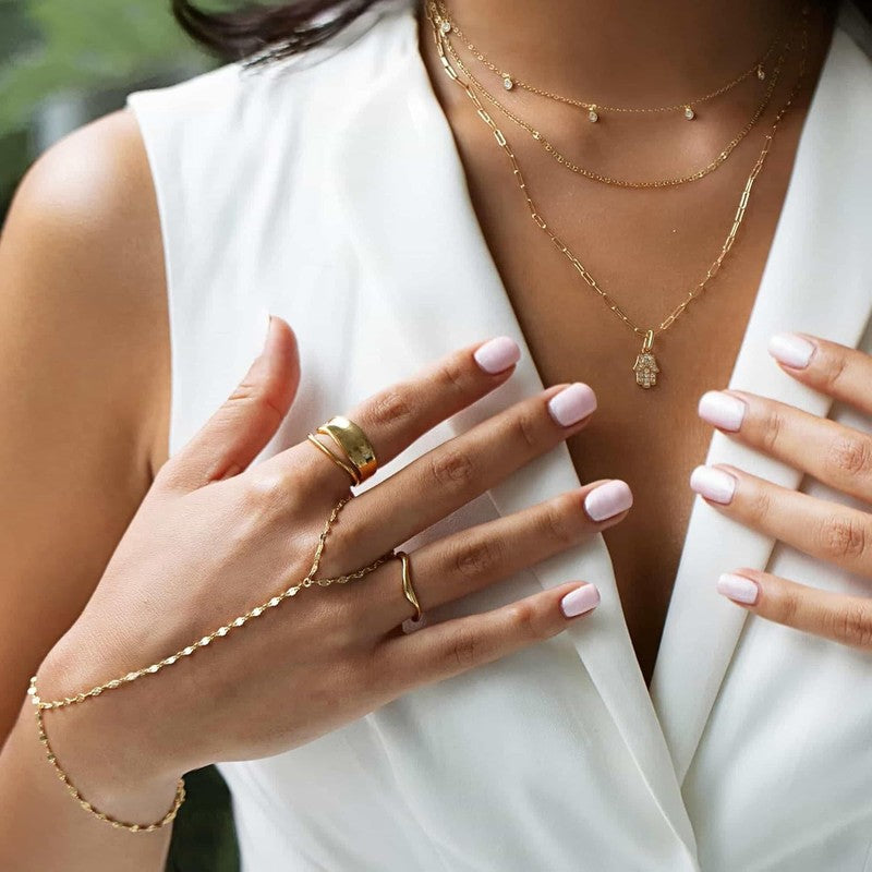 14K Gold Plated CZ Link Hand Chain Bracelet Set, 2 Pcs Jewelry for Women4