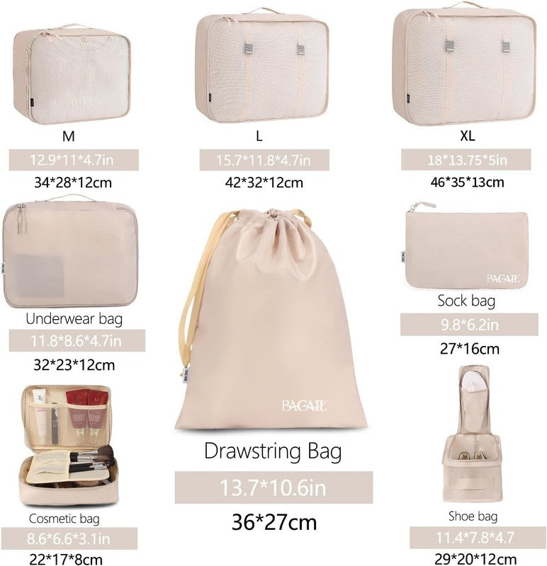 8 Piece Travel Packing Cubes Set   Cream Luggage Organizer Bags1