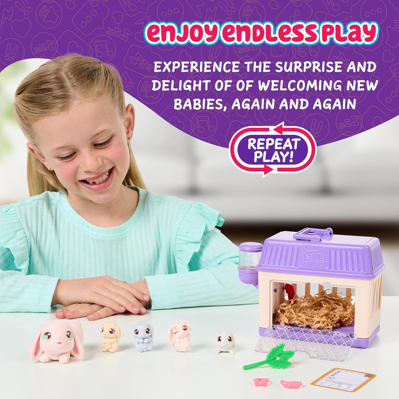 Bunny Mini Interactive Toy Set, Hutch Animal Playset with 3 Surprise Babies, 20+5