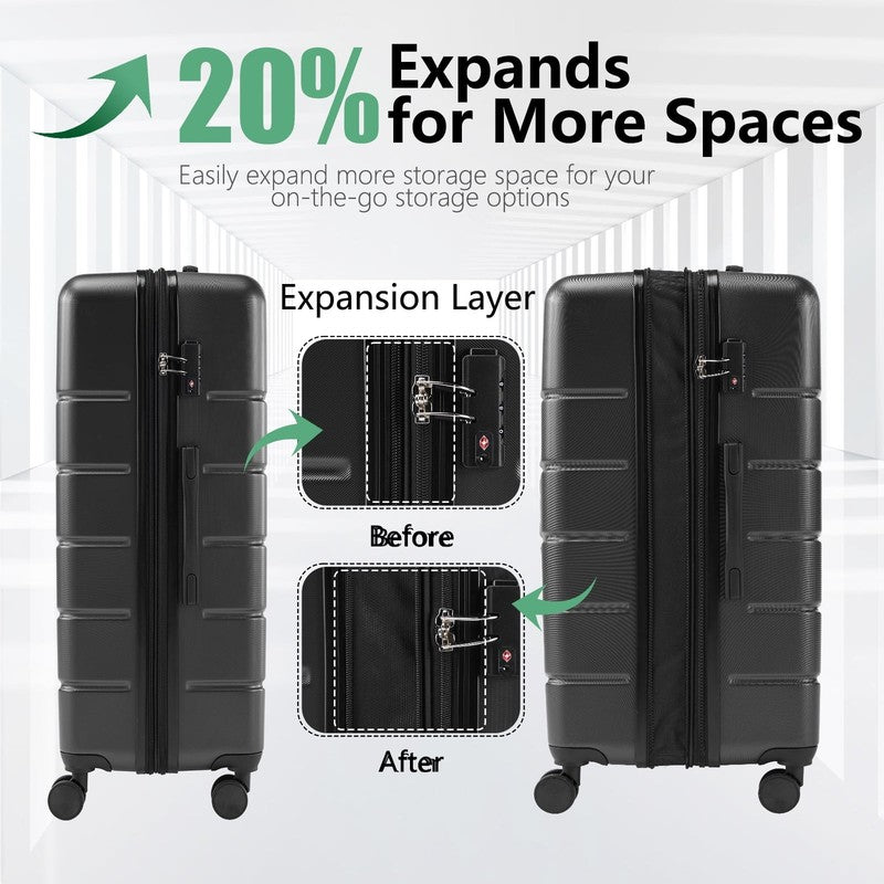 3-Piece Hard Shell Luggage Set ABS Expandable Spinner TSA Lock Black2