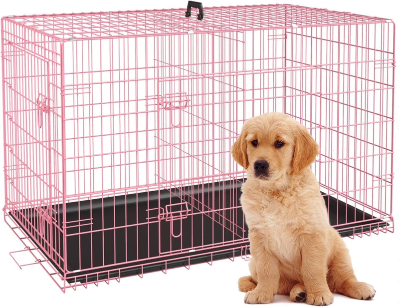 24" Foldable Metal Dog Crate Small Dogs Double Door Divider Pink Tray1