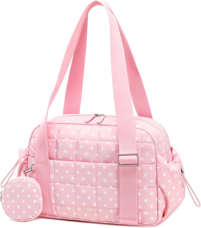 Mini Gym Bag Women Quilted Duffel Wet Compartment Yoga Dance Polka Pink 12.6"0