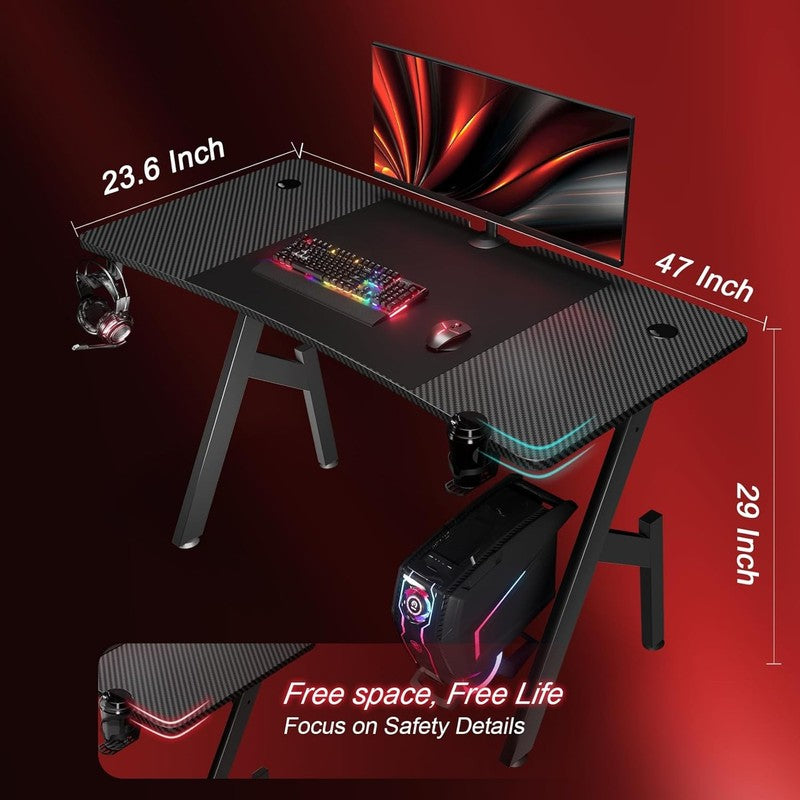 47" Gaming Desk with Cup Holder & Headphone Hook   Ergonomic Carbon Fiber Design2