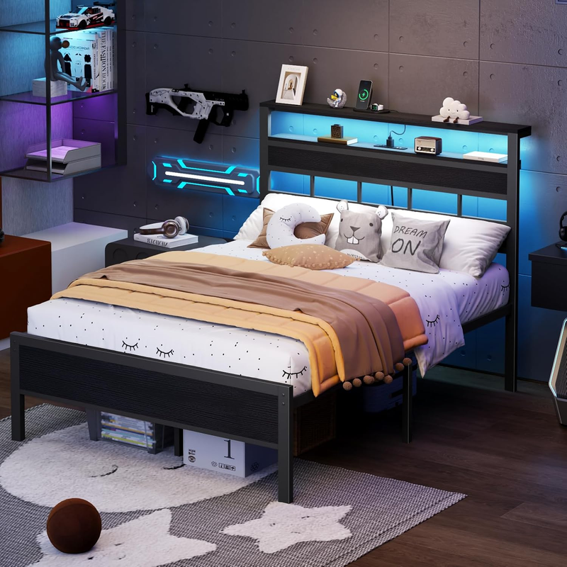 Size Bed Frame LED Charging Station Storage Headboard Metal Platform Black Oak4
