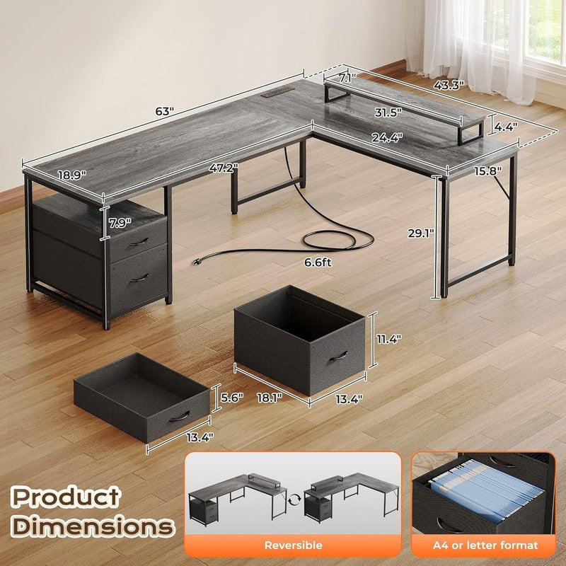 63'' L Shaped Desk w/ USB C Power Outlets Corner Office Desk Grey1