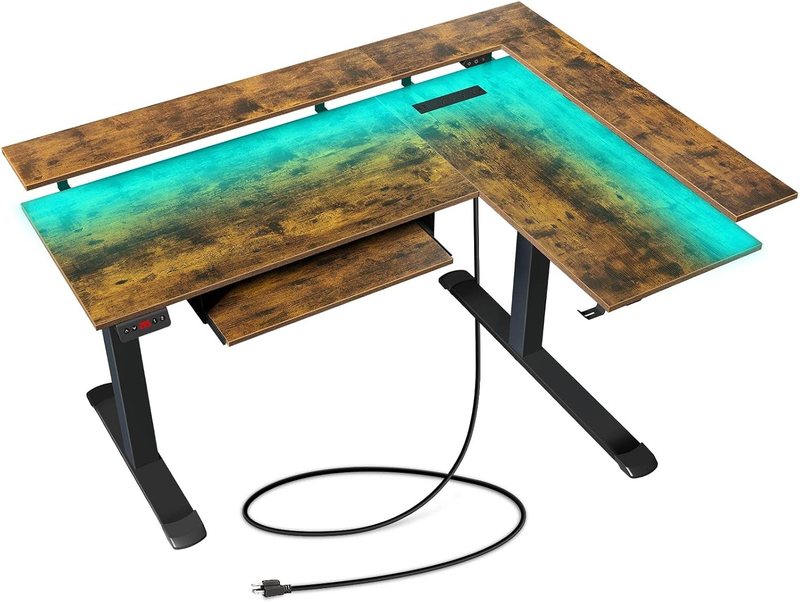 L Shaped Electric Standing Desk w/ Keyboard Tray LED Power Rustic Brown10