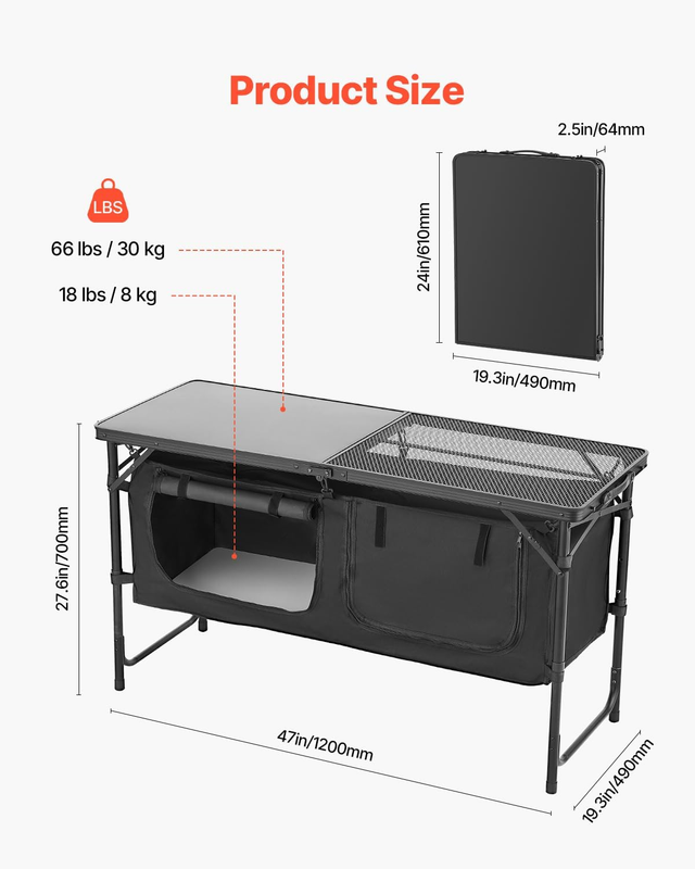 Camping Kitchen Table Folding Adjustable Height Cooking Station BBQ Storage Blac2