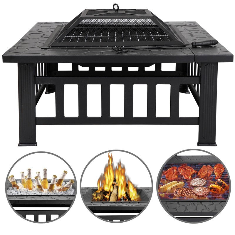 32" Outdoor Fire Pit Square Metal Firepit Patio Garden Stove Wood Burning2