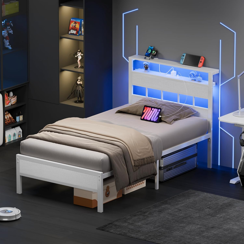 Twin Bed Frame LED Charging Station Storage Headboard Metal Slats White3