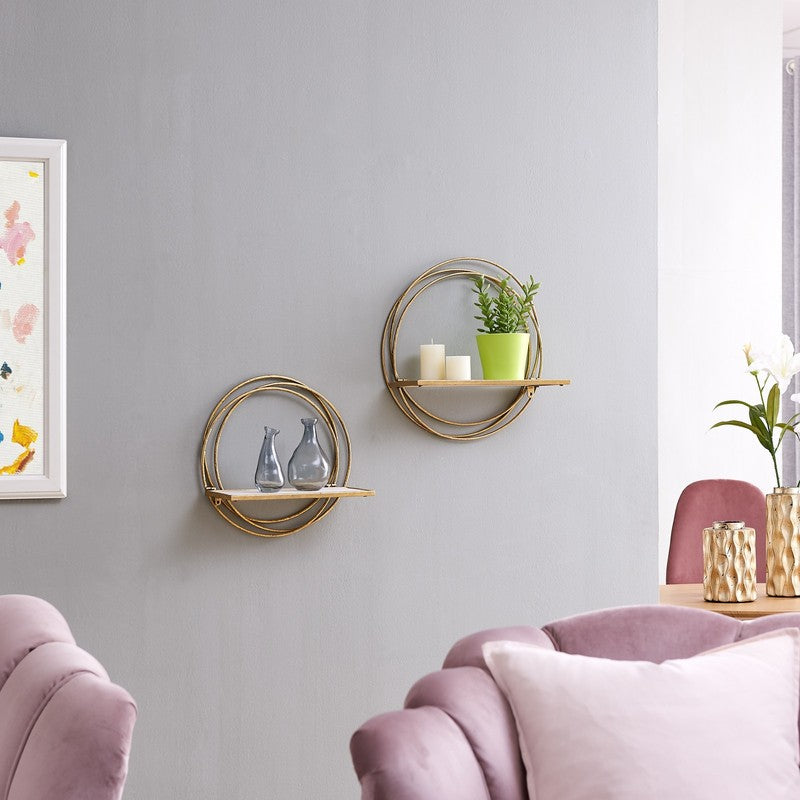 Elegant Golden Floating Wall Shelves - Set of 2 Decorative Rings2