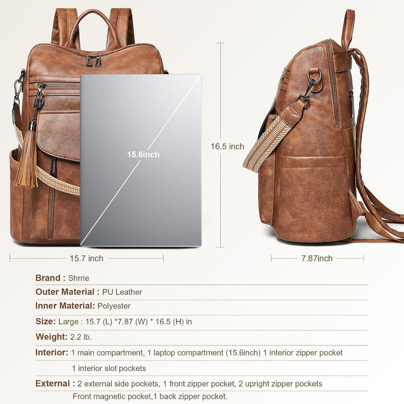 Women Laptop Backpack 15.6" Leather Travel Work Water Resistant Brown2
