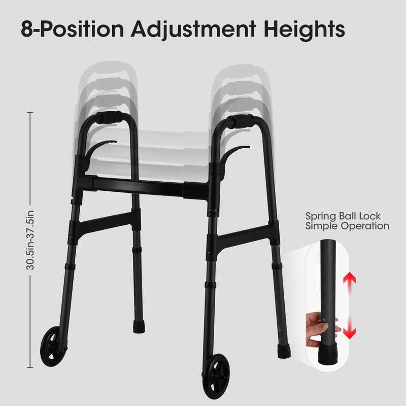 Folding Walker with Wheels, 8 Levels Adjustable Height 30.5"-37.5", 300Lbs Weigh3