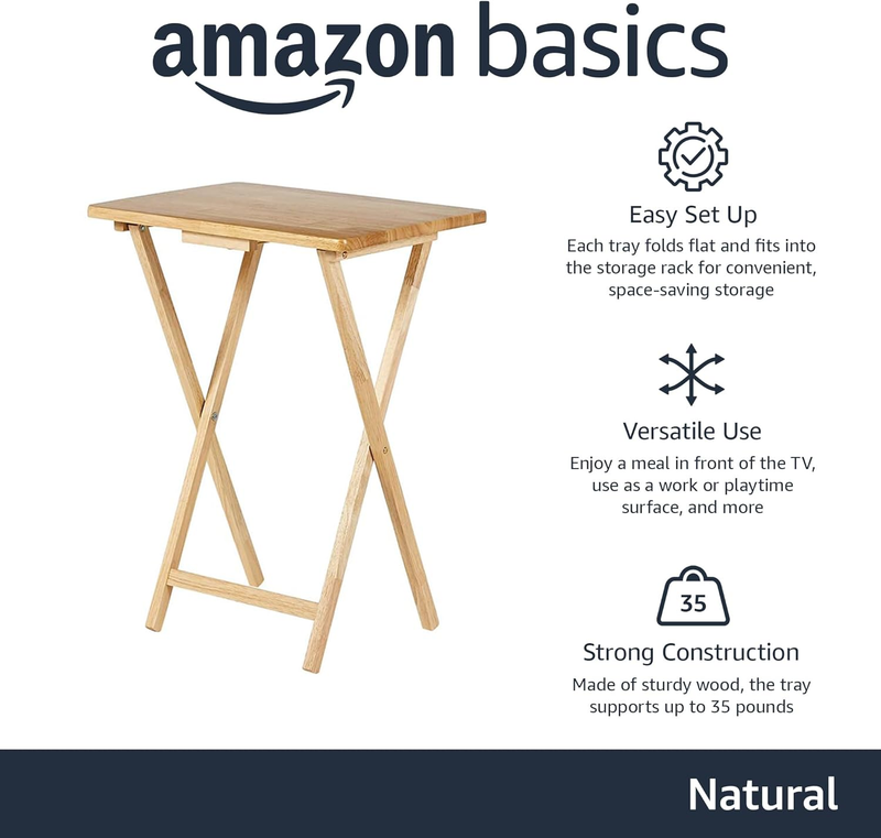 Classic Foldable TV Dinner Tray Table 4 Pack w/ Storage Rack Natural 14.6x19x26"1