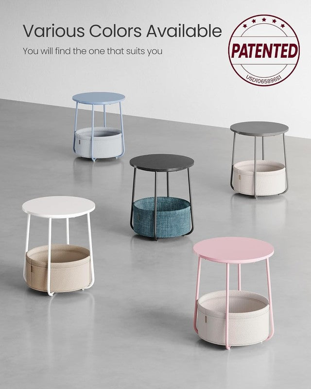 Modern Round Side Table Nightstand with Fabric Basket Cement Gray Cream7