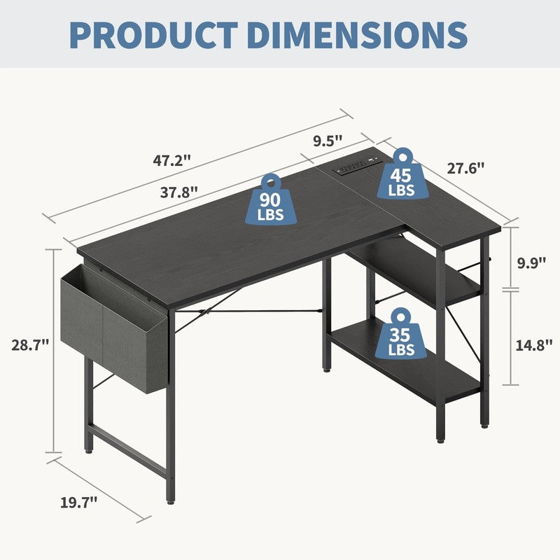 39 Inch Small L Shaped Computer Desk with Power Outlets, Corner Gaming Table wit6