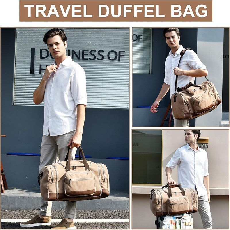 50L Canvas Duffle Bag Coffee w/ Toiletry Bag Travel Gym Weekender Carry On1