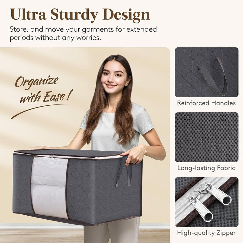 6 Pack Foldable Storage Bins with Lids & Zippers for Clothing & Bedding, Gray3