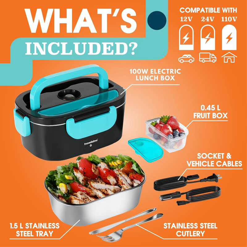 Electric Lunch Box 100W Food Warmer 1.5L Stainless Steel 12V/24V/110V4