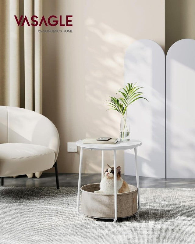 Small Round Side Table Nightstand with Fabric Basket Matte White Camel Brown1