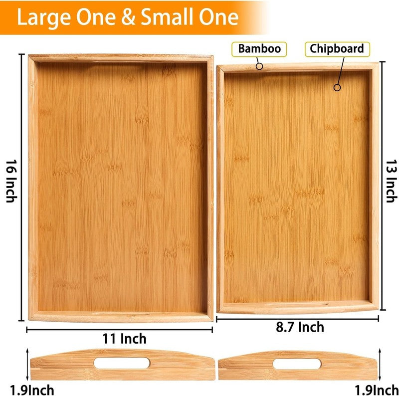 2 Pack Bamboo Serving Tray with Handles, Portable Bed Tray for Breakfast Dinner,1