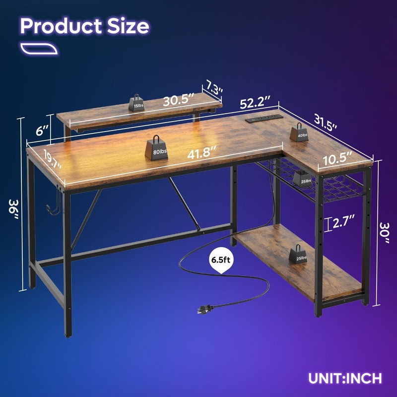 52" L-Shaped Computer Desk LED with Power Outlet & Monitor Stand Rustic5