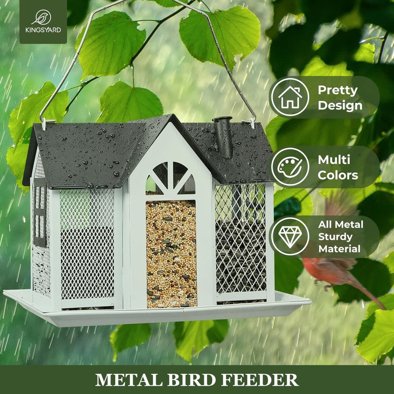 White Metal Weatherproof Bird Feeder House, Triple Feeders for Finch & Cardinal3