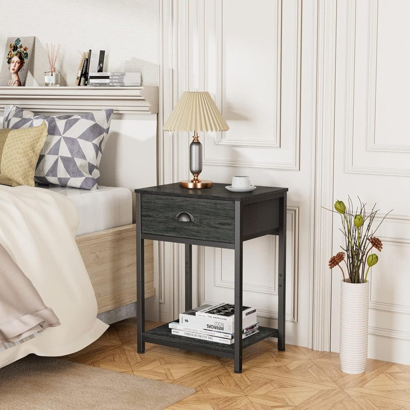 Set of 2 Nightstands Industrial End Tables w/ Fabric Drawer & Storage Black Oak9