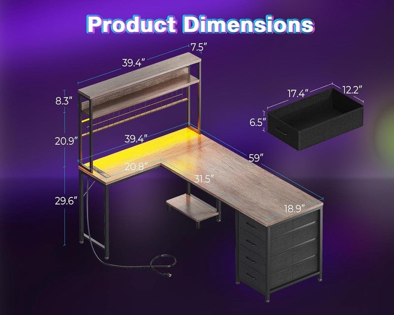 L Shaped Gaming Desk 59in Reversible Desk with 4 Drawers Grey LED Desk2