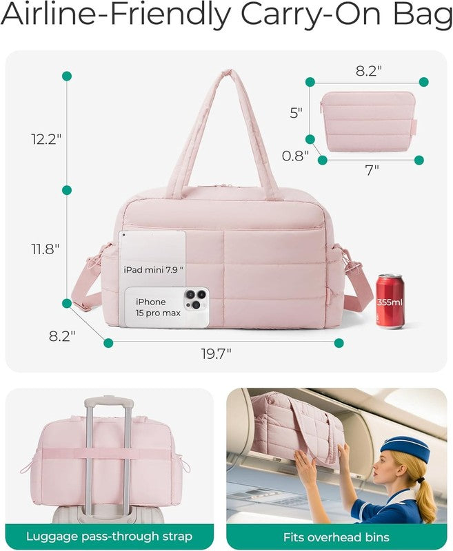 Gym Bag for Women, Lightweight Puffer Duffle Bag 2 PC Travel Bag, 31L Weekender 2