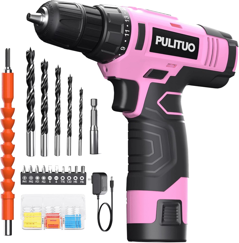 12V Cordless Drill Set 21+1 Torque LED 3/8" Keyless Chuck Battery & Charger Pink10