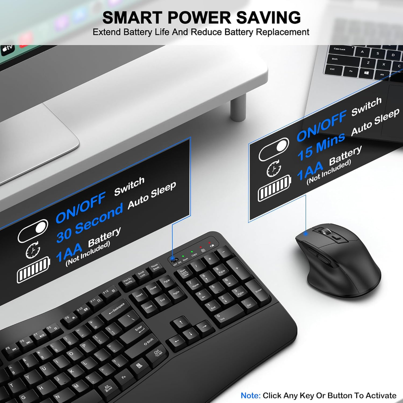 Wireless Keyboard and Mouse Combo, 2.4G Full Size Wave Keys Ergonomic Keyboard w5