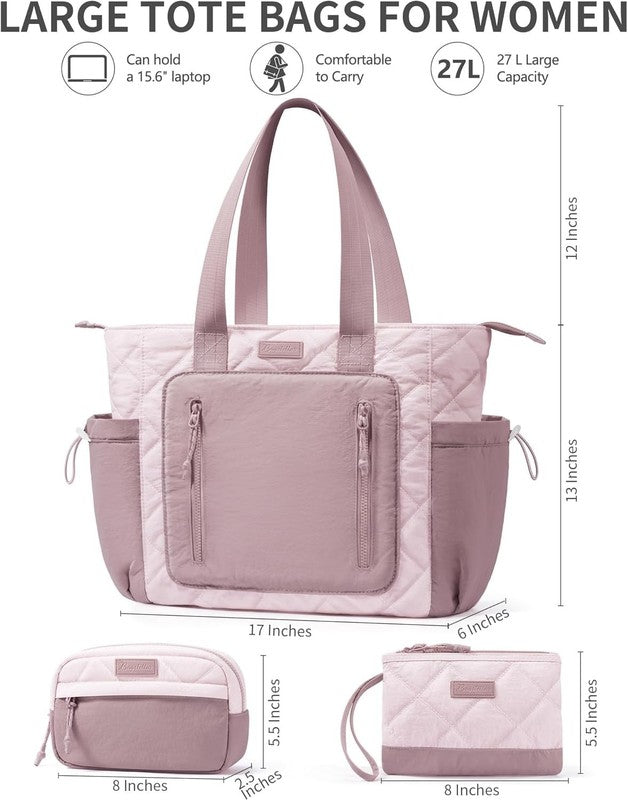 Women’s Puffer Tote Bag Lightweight Quilted Shoulder Handbag Work Laptop Pink1