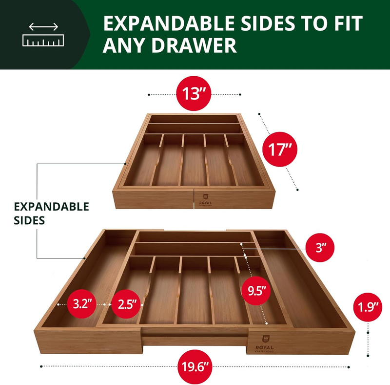 Bamboo Kitchen Drawer Organizer 9 Slot Silverware Utensil Cutlery Tray1