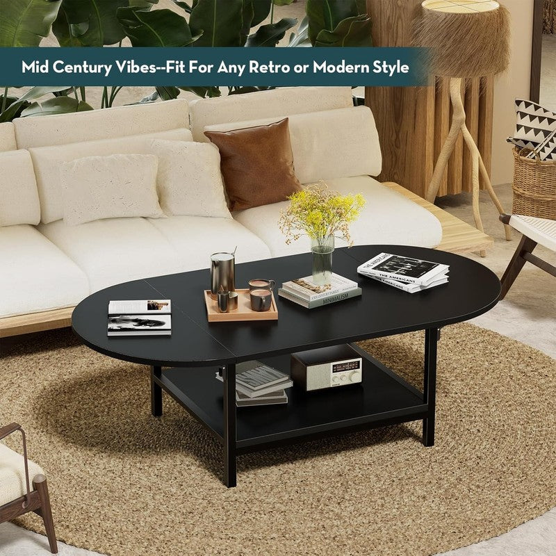Black 2 Tier Foldable Coffee Table with Storage, Modern Living Room Table4