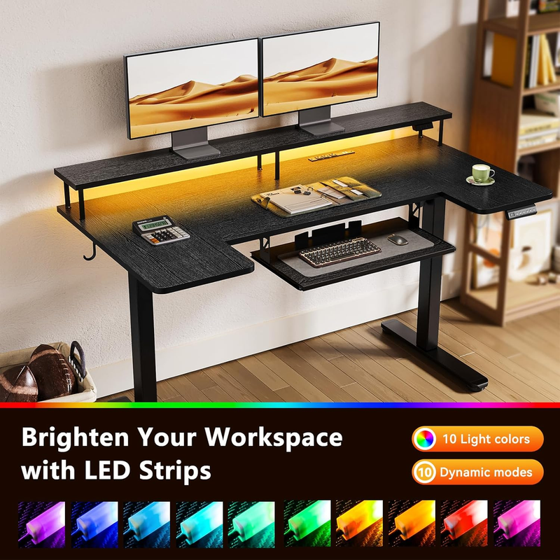 55" U Shaped Electric Standing Desk w/ Keyboard Tray LED Lights Black6